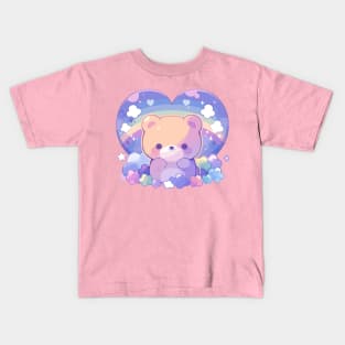 Cute Kawaii Baby Bear Cub With Rainbow Heart Kids T-Shirt